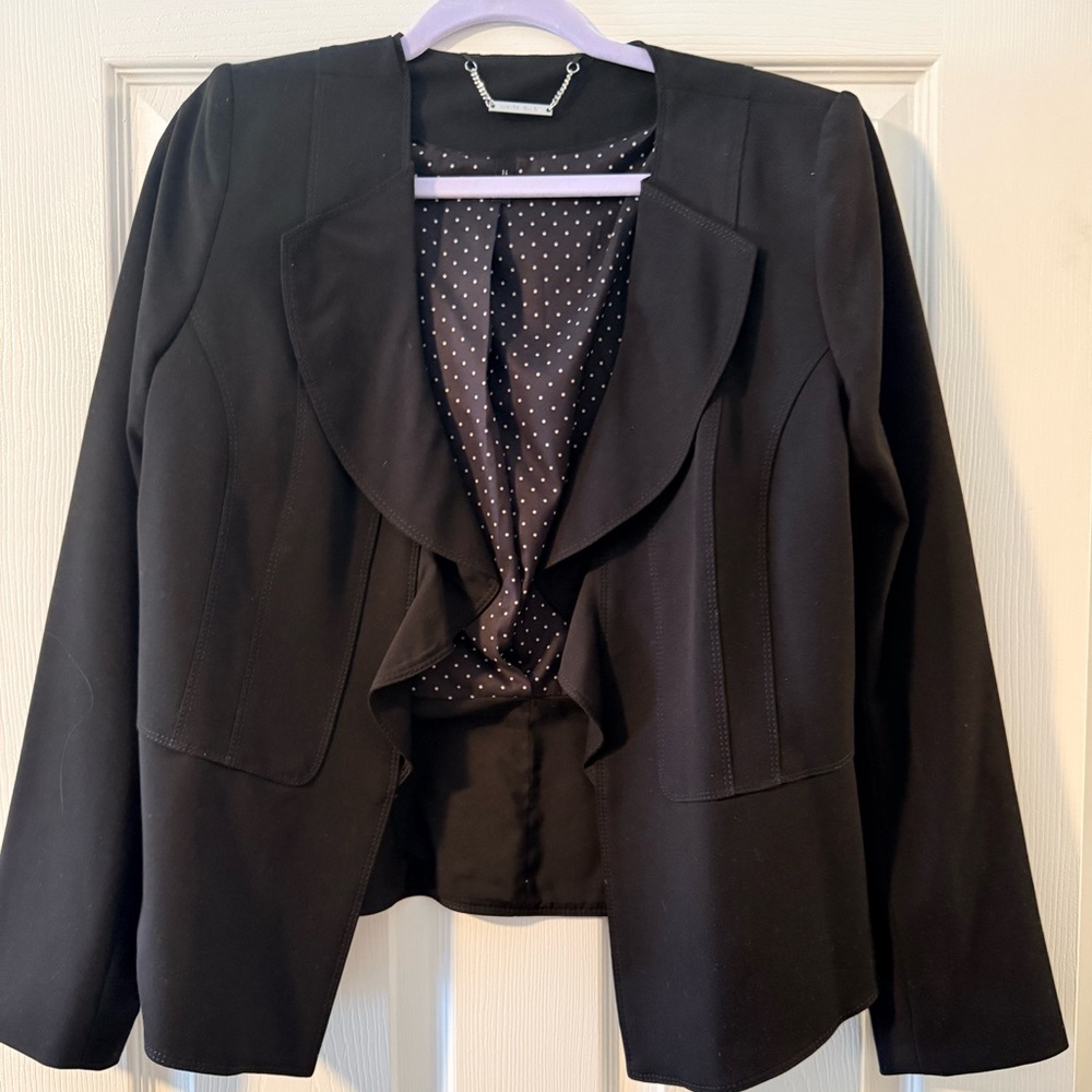 White House Black Market Cropped Black Blazer with Ruffle Detail